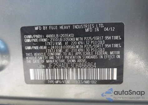 2012 Subaru Forester 2.5X Premium z USA, uszkodzony, nr VIN JF2SHADC3CH466864